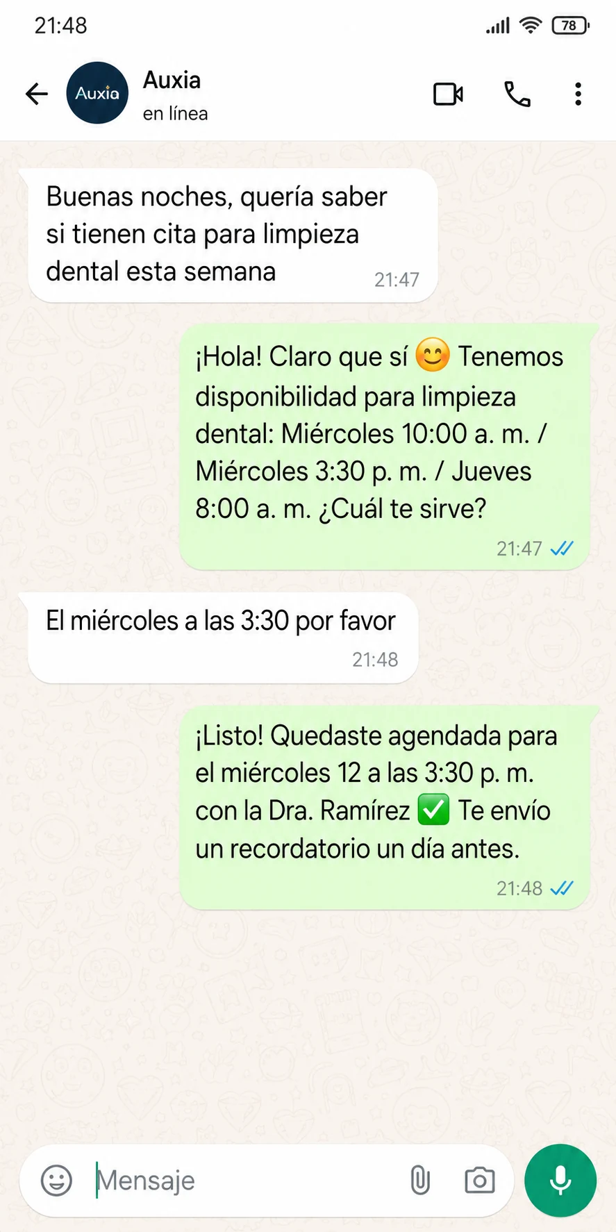 Conversación de WhatsApp en la que Auxia agenda una cita de limpieza dental