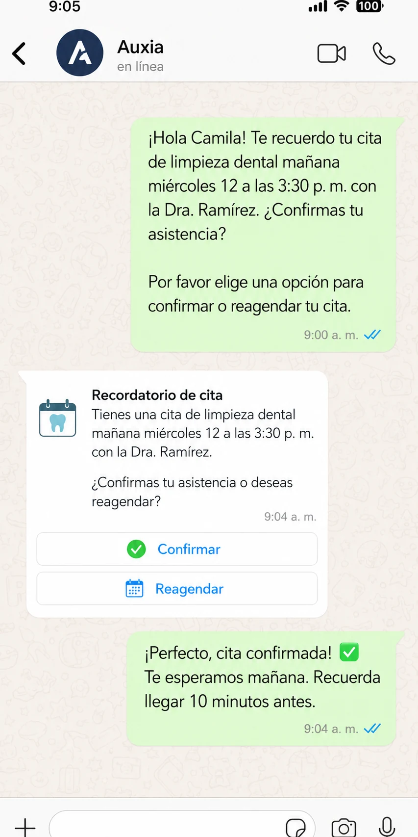 Auxia recuerda la cita del día siguiente y la paciente la confirma con un botón