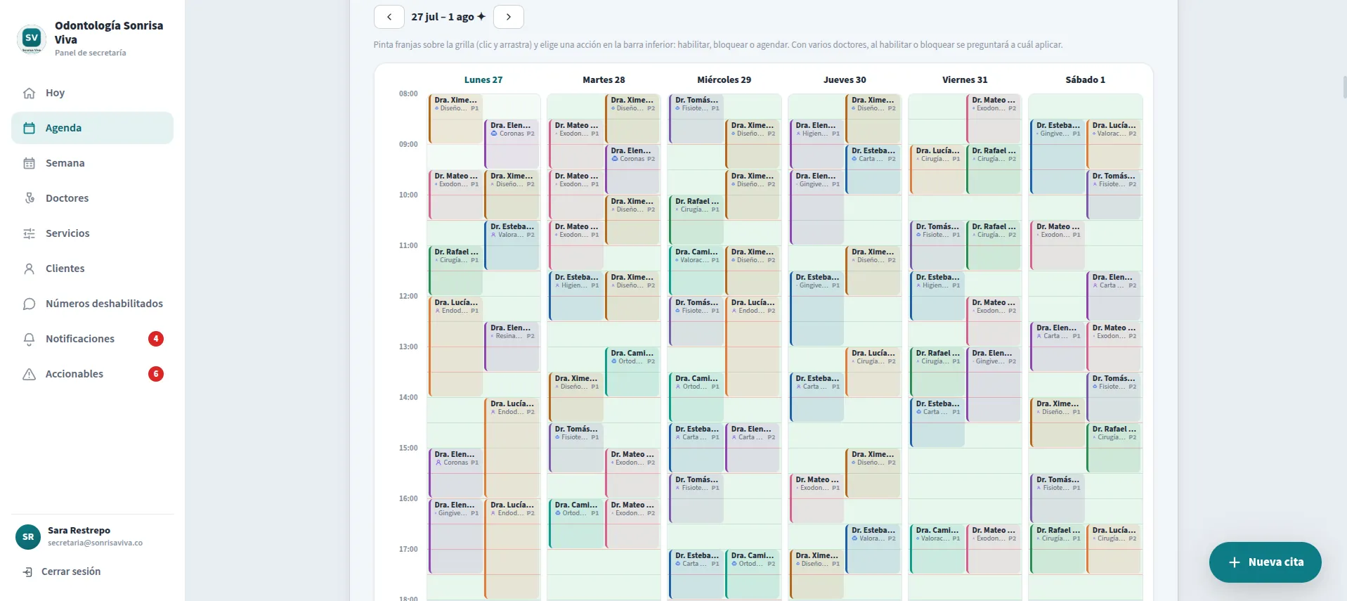 Agenda semanal de la plataforma con las citas de cada doctor repartidas de lunes a sábado