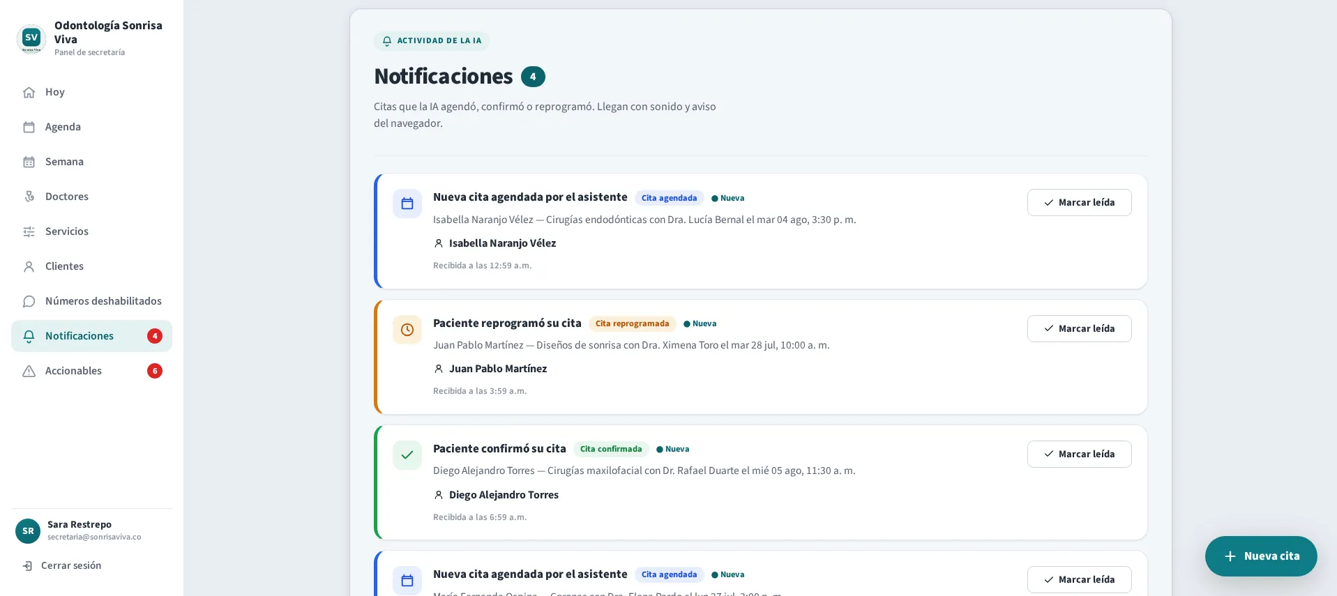 Notificaciones de la plataforma avisando de las citas que el asistente agendó, confirmó o reprogramó
