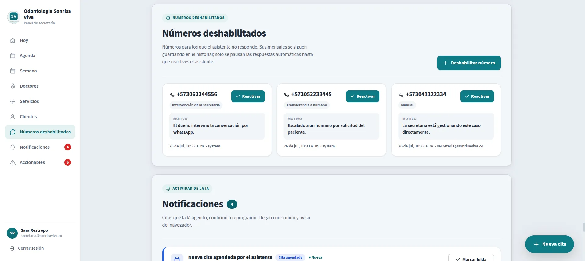 Pantalla de números deshabilitados: pacientes para los que el asistente está en pausa, con el motivo