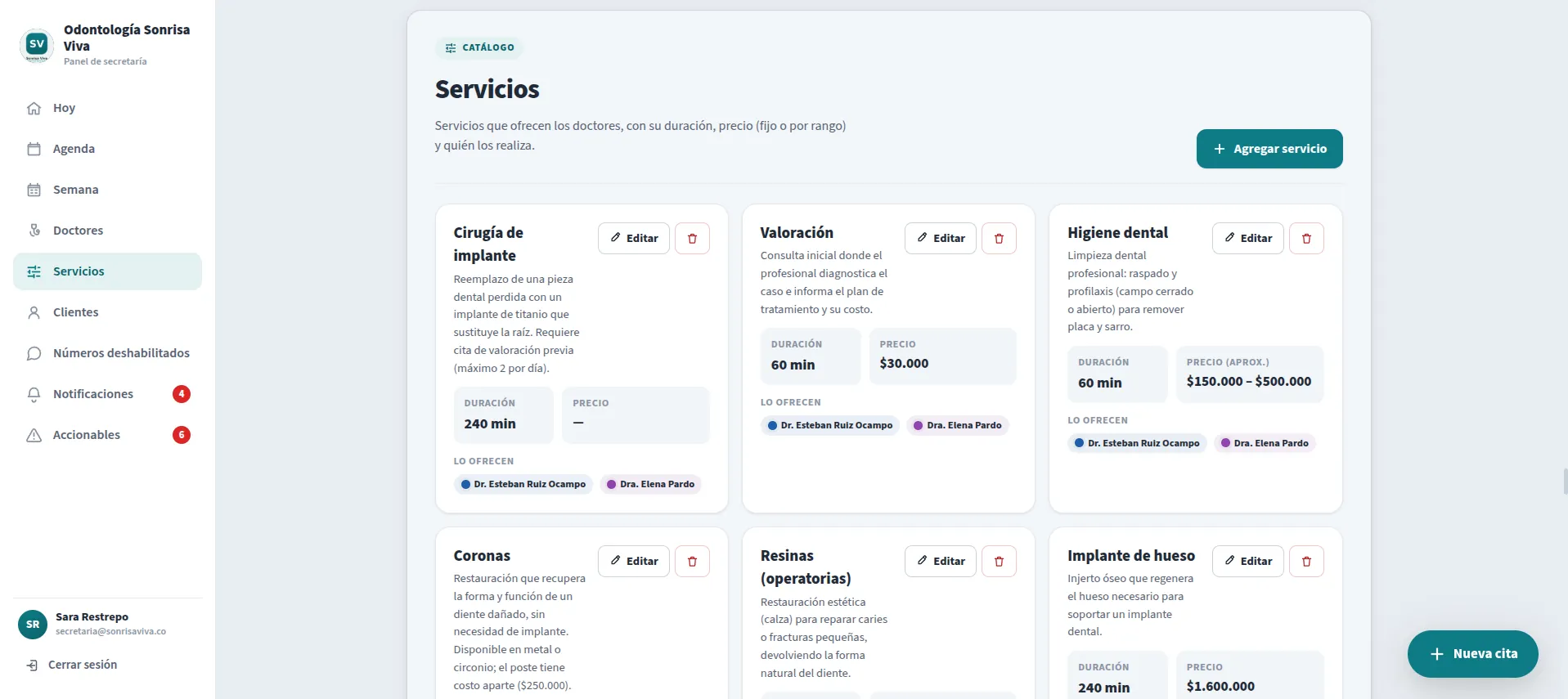 Catálogo de servicios en la plataforma con su duración, su precio y los doctores que lo realizan