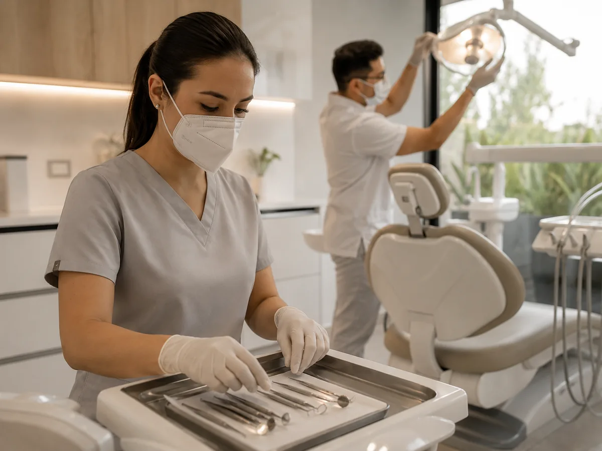 Auxiliar odontológica preparando el instrumental en un consultorio dental